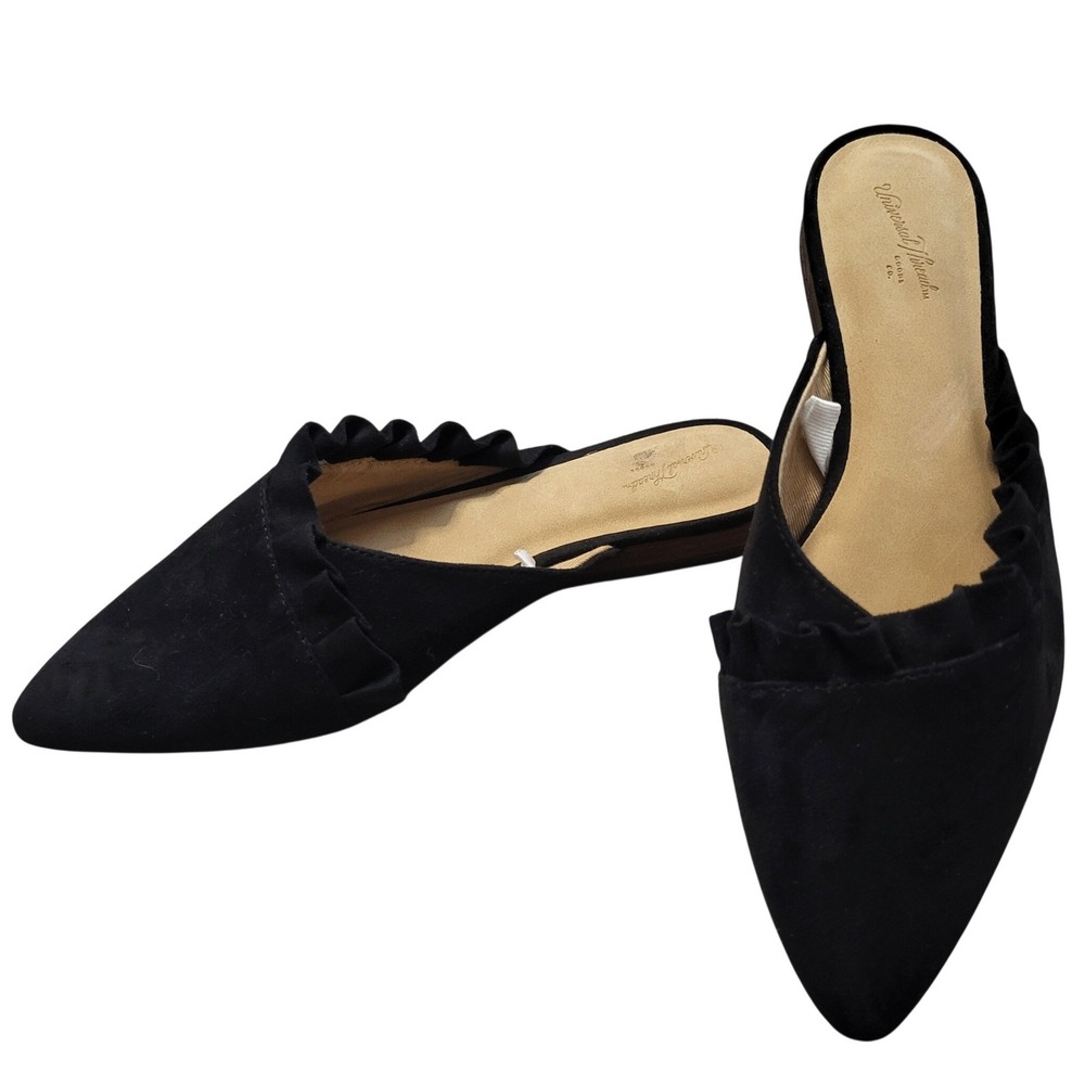 Universal Thread Womens Black Ruffle Pointed Toe Mule Flats Faux Suede Size 7.5